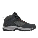 Bota de senderismo Columbia modelo Transverse Hike, impermeable y transpirable. Presenta una combinación de cuero y malla en color negro con detalles en gris y toques de rojo en los cordones. Cuenta con entresuela TechLite para amortiguación y suela Omni-Grip para tracción todoterreno.