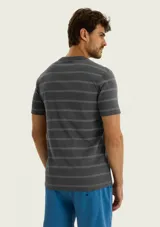 Camiseta gris de manga corta con diseño de finas rayas horizontales, cuello redondo y corte clásico.