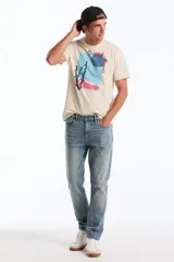 Remera de manga corta color beige, con cuello redondo y diseño gráfico estampado en el frente que incluye un cactus, formas abstractas en tonos celestes y rosados, y la inscripción "Original Penguin".