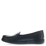 Mocasines de cuero negro con diseño clásico, costuras visibles en el empeine y suela de goma dentada.