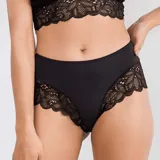 Bombacha negra de lycra con paneles de encaje floral en los laterales.