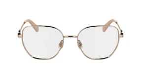 Anteojos de receta Longchamp con armazón metálico en tono dorado y patillas con terminales en color nude. Presentan un diseño de frente geométrico con puente fino y plaquetas ajustables.