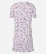 Camisón corto de viscosa color rosa claro con cuello redondo, mangas cortas y estampado de gatitos.