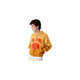 Hoodie con cierre completo Eme Studios, color amarillo mango con efecto degradado. Presenta un diseño gráfico estampado en rojo en el frente con la inscripción "Emestudios Always Grateful Madrid" y detalles de leones y estrellas. Incluye capucha, bolsillos tipo canguro y puños y dobladillo de tejido elástico.