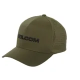 Gorra de visera curva marca Volcom, color verde oliva, con paneles laterales perforados para mayor ventilación y logo de la marca bordado en el frente.