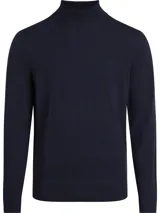 Sweater azul marino de lana merino extrafina, con cuello alto, puños y bajo acanalados. Logo con monograma de Calvin Klein en el pecho.