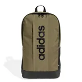 Mochila Adidas Linear Training color verde oliva, con gran estampado vertical del logo en negro en el frente, base negra y bolsillos laterales de red.