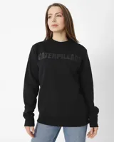 Buzo negro de cuello redondo con el logo de Caterpillar estampado en el pecho en color gris oscuro. Presenta un pequeño triángulo amarillo bordado en la manga izquierda y cuello y bajo de punto elástico.