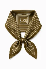 Pañuelo cuadrado de color verde oliva con estampado geométrico de líneas blancas concéntricas y logo central.