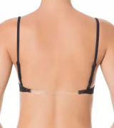 Soutien negro de microfibra con copas preformadas y tirantes ajustables que permiten múltiples configuraciones, incluyendo un diseño halter y espalda baja con tiras cruzadas ajustables.