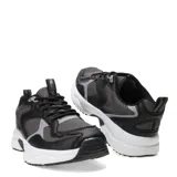 Championes negros de estilo running, con detalles en gris y suela blanca.