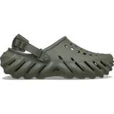 Zuecos Crocs modelo Echo Clog, color verde militar, con diseño moldeado futurista, aberturas de ventilación, suela texturizada y tira trasera ajustable de tela con almohadilla.