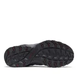 Bota de trekking Columbia modelo Crestwood Mid Waterproof, color gris oscuro con detalles en negro y cordones con toques rojizos. Presenta una estructura combinada de cuero y malla transpirable, con puntera reforzada y suela de goma con tracción avanzada.