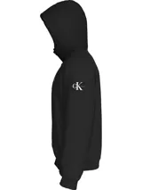 Campera negra con capucha y cierre frontal, con logo CK bordado en blanco en el pecho.