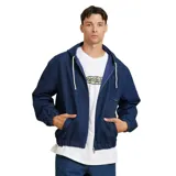 Campera de jean azul con capucha, cierre frontal con cremallera, bolsillos laterales y puños elásticos.