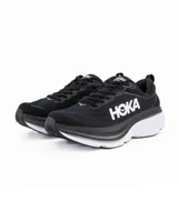 Championes de running Hoka One One Bondi 8, color negro con logo blanco en el lateral y suela gruesa en dos tonos.