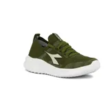 Championes Diadora Tindari color verde oliva con detalles en blanco, de running con capellada de tejido de punto y suela de goma blanca.