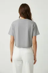 Remera de algodón color gris topo, con corte crop y ruedo sin costura. Presenta un estampado frontal de tres estrellas en tonos rojo, rosa y azul con efecto metalizado.