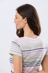 Remera de manga corta con diseño de rayas horizontales en tonos rosado, verde, celeste y azul marino. Cuenta con cuello redondo y una pequeña botonera frontal con tres botones.