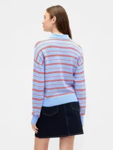 Buzo de punto tipo polo con diseño de rayas horizontales en azul marino y celeste. Presenta cuello camisero con cierre frontal de botones, mangas largas y puños ajustados.