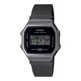 Reloj digital Casio estilo vintage con caja de 33mm y esfera negra. Cuenta con brazalete de acero inoxidable en color negro con malla milanesa, funciones de cronómetro, alarma y calendario automático.