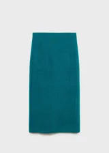 Falda midi de punto en color verde azulado, con diseño recto y cierre de cremallera frontal que crea una abertura en el bajo.