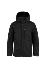 Campera negra con capucha, cierre frontal con botones a presión, bolsillos laterales con solapa y logo de la marca bordado en el brazo izquierdo.