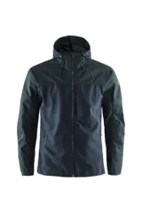 Campera con capucha Fjallraven Abisko Midsummer, color azul oscuro y gris, con cierre frontal, bolsillos laterales y logo en la manga.