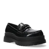 Mocasines de plataforma estilo chunky, color negro con acabado brillante. Presentan una tira decorativa sobre el empeine con detalle de cadena integrada y suela de goma dentada de gran volumen.