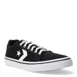 Championes Converse modelo Distrito de caña baja, confeccionados en lona negra con detalles en blanco. Presentan el icónico logo de estrella y chevron en el lateral, cordones blancos y suela de goma resistente.
