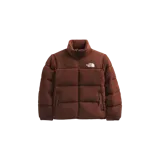 Campera puffer The North Face modelo Nuptse, color marrón oscuro, confeccionada con tejido efecto corderito y paneles lisos en los hombros. Cuenta con cierre frontal completo, cuello alto y bolsillos laterales con cierre.