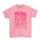 Remera de algodón color rosado con estampado gráfico frontal en tono fucsia que presenta a la Pantera Rosa en una furgoneta de comida rápida.
