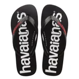 Chinelas Havaianas modelo Top Logomania, con base blanca y estampado de la marca en negro. Presenta tiras negras con el logo de la marca en relieve.