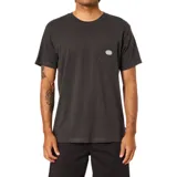 Remera de manga corta color negro con efecto lavado, cuello redondo y bolsillo en el pecho con un pequeño parche circular estampado.