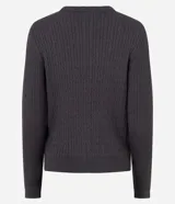 Cardigan femenino Blue Steel confeccionado en tricot con viscosa certificada, con textura en relieve, cuello redondo, mangas largas, cierre frontal de botones y terminaciones acanaladas.
