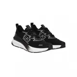 Championes deportivos EA7 Emporio Armani modelo Sonic, color negro con detalles en blanco y gris. Presentan diseño de malla técnica, logo de la marca en el lateral y en la parte trasera de la suela, y entresuela blanca con relieve.
