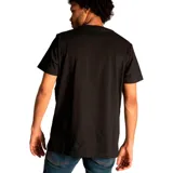 Remera negra de manga corta con cuello redondo y logo de Caterpillar estampado en el pecho en color blanco y amarillo.