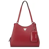 Cartera Guess modelo Elsa de color rojo, confeccionada en símil cuero con herrajes plateados y logo triangular frontal. Cuenta con doble asa de hombro, cierre superior y un pequeño monedero colgante removible con el nombre de la marca.