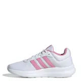 Championes Adidas Lite Racer 4.0 de diseño deportivo, confeccionados en malla blanca con las icónicas tres tiras laterales en color rosado. Presentan interior y lengüeta en tono rosado, con entresuela Cloudfoam para mayor amortiguación.