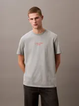 Remera gris de algodón con logo Calvin Klein Jeans estampado en rojo en el pecho.