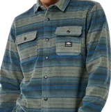 Camisa de polar estilo leñador con diseño de rayas horizontales en tonos verdes y azules. Cuenta con cuello clásico, cierre frontal de botones, dos bolsillos con solapa en el pecho y etiqueta de la marca.