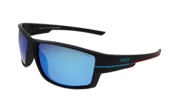 Lentes de sol unisex, de marco negro con detalles en azul y rojo, y lentes espejados azules polarizados.