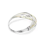 Gargantilla con varias bandas bañadas en rodio y en tono oro, con Swarovski Zirconia transparentes en engaste de canal y de garra. Entre las bandas se han colocado cristales transparentes.