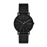 Reloj Skagen Signatur con caja de acero inoxidable negra de 40mm de diámetro, malla metálica negra de 20mm de ancho, mecanismo de cuarzo de tres agujas, esfera negra y cristal mineral. Resistente al agua hasta 50 metros.