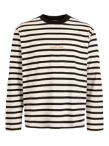 Remera de manga larga con cuello redondo, diseño a rayas horizontales en blanco y negro. Presenta un pequeño bordado con la frase 'Originals Studio' en el centro del pecho.