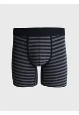 Pack de tres boxers de algodón con cintura elástica. Incluye un modelo liso azul marino, un modelo a rayas horizontales azul y gris, y un modelo liso gris melange.