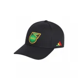 Gorra Adidas de la Federación de Fútbol de Jamaica, modelo color negro con visera curva, bordado frontal del escudo oficial en tonos verde y amarillo, y pequeño logo lateral tricolor.