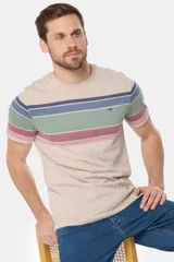 Remera de manga corta con cuello redondo y diseño rayado multicolor en tonos azules, beige, verde y rosado, con pequeño logo bordado en el pecho.