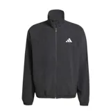 Campera deportiva Adidas de corte estándar, color negro, con cierre frontal completo, cuello alto y puños elásticos. Presenta el logotipo de la marca estampado en contraste en el pecho.