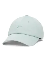 Gorra de béisbol Under Armour de perfil bajo, confeccionada en tejido de punto transpirable color verde menta. Presenta un panel frontal sin estructura, cierre trasero ajustable y logotipo de la marca bordado en el frente.